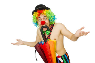 Clown with umbrella isolated on white