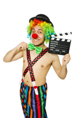 Clown with movie board on white