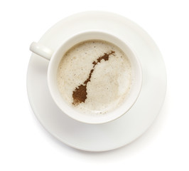 Cup of coffee with foam and powder in the shape of Norway.(serie