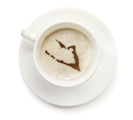 Cup of coffee with foam and powder in the shape of Wake Island.(
