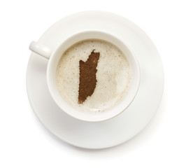 Cup of coffee with foam and powder in the shape of Belize.(serie