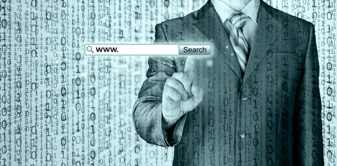 Businessman pushing virtual search bar
