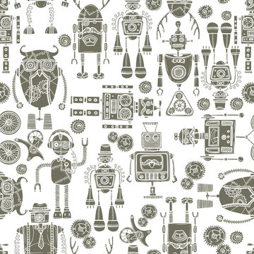 Hipster Robot Seamless Pattern Black And White