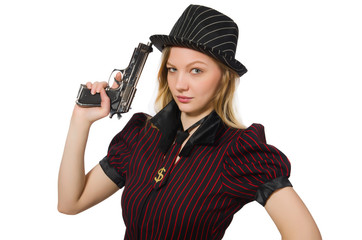 Young woman gangster with gun on white