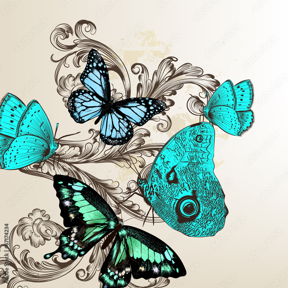 Poster vector back with butterflies in vintage style