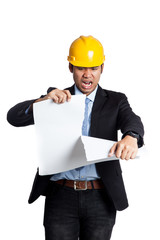 Asian engineer man frustrate tear a blueprint