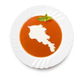 Plate tomato soup with cream in the shape of Armenia.(series)