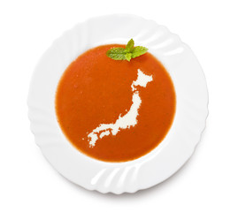 Plate tomato soup with cream in the shape of Japan.(series)