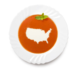 Plate tomato soup with cream in the shape of USA.(series)