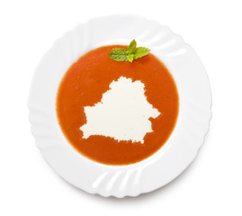 Plate tomato soup with cream in the shape of Belarus.(series)