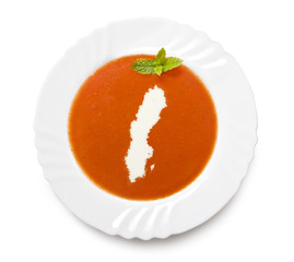 Plate tomato soup with cream in the shape of Sweden.(series)