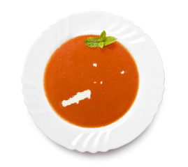 Plate tomato soup with cream in the shape of Johnston Atoll.(ser