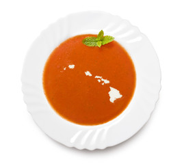 Plate tomato soup with cream in the shape of Hawaii.(series)
