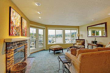 Living room with water front view