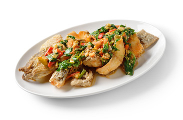 Fried fish with chilli and spices, delicious food Thailand style