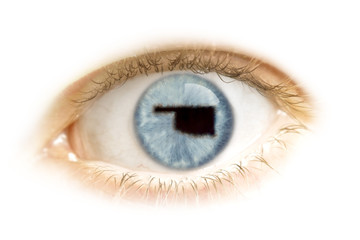 Close-up of an eye with the pupil in the shape of Oklahoma.(seri