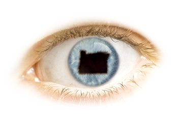 Close-up of an eye with the pupil in the shape of Oregon.(series