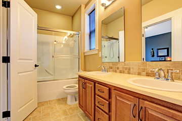 Fototapeta na wymiar Bathroom interior with screened bath tub