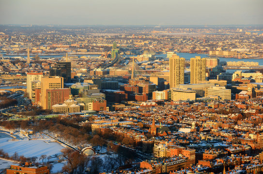 Boston Beacon Hill aerial view at sunset in winter
