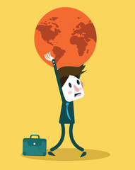 Businessman holding big globe. Big burden concept. vector