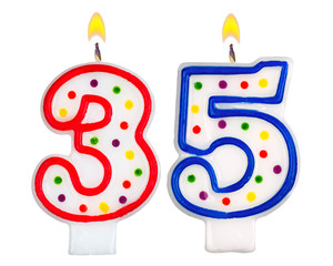 Birthday candles number thirty five isolated on white background