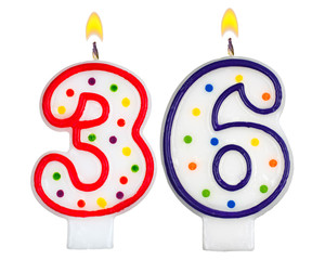 Birthday candles number thirty six isolated on white background