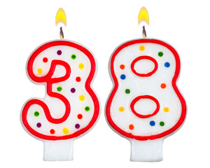 Birthday candles number thirty eight isolated on white