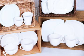 Beautiful shelves and boxes with tableware