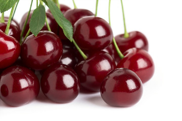 Sweet ripe cherry with leaf