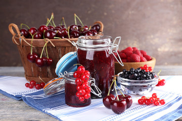 Berries jam in glass jar on table, close-up