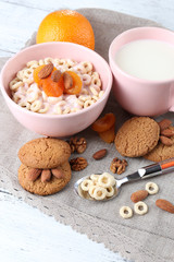 Healthy breakfast with cereal and milk, close up