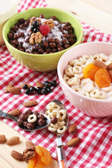 Healthy breakfast with cereal and milk, close up