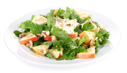 Green salad with apples, walnuts and cheese isolated on white