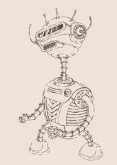 robot, robot toy illustration, engraved style, hand drawn