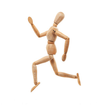 Wood model with running pose isolated on white