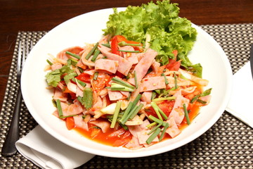 Smoke Ham Spicy Salad in Thai Style/selective focus.