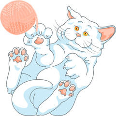 vector cute white cat playing with a ball of yarn