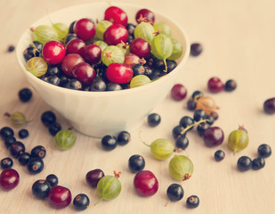bowl with different fresh berries bright, summer still life