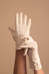 woman modeling vintage formal white knit gloves