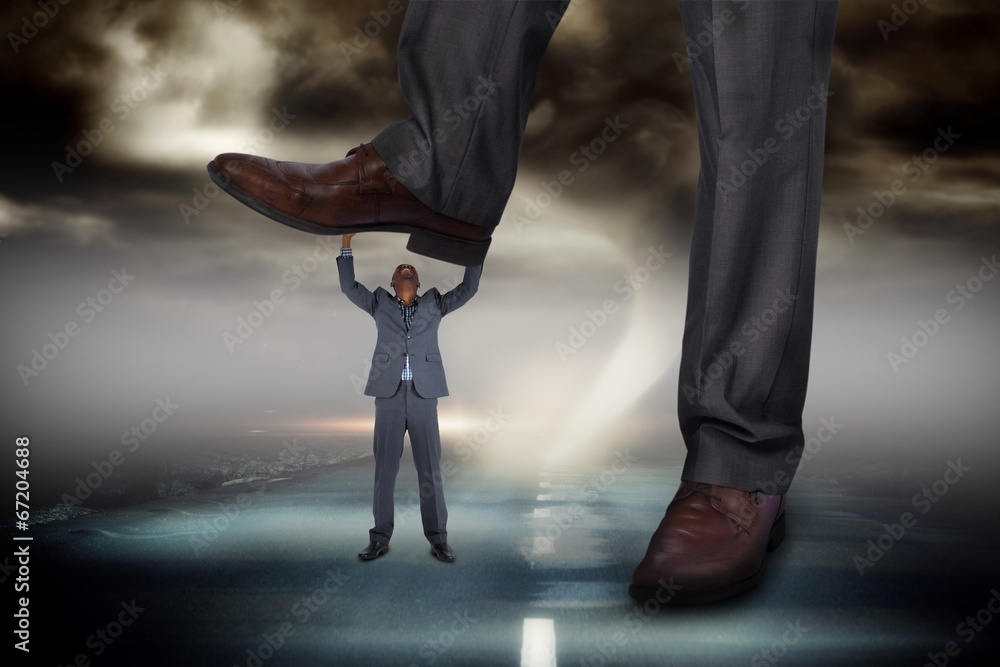 Poster composite image of businessman stepping on tiny businessman