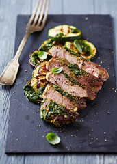 Grilled Pork with Salsa Verde and Zucchini © B.G. Photography