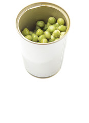 Green peas in a tin can over white background