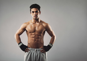 Fototapeta premium Strong young male boxer on grey background
