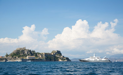 Luxury large super or mega motor yacht on anchor in corfu.
