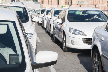 Lots of white taxis in Madrid, Spain