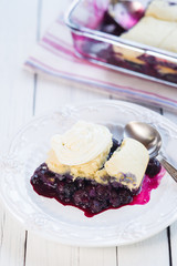 Closeup of a fresh blueberry cobbler.