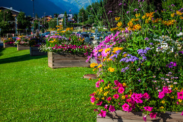 Fototapeta na wymiar street decorated by flowers,Chamonix mont blanc,France