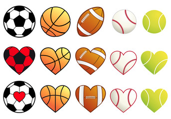 football,soccer, basketball, tennis balls and hearts, vector set - 67213698