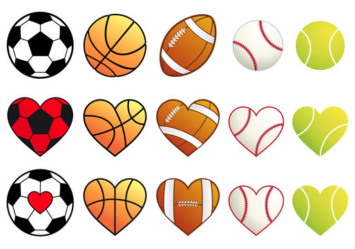football,soccer, basketball, tennis balls and hearts, vector set