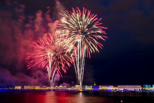 The fireworks and a laser show in the waters of the Neva River i